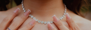 Diamond bezel necklace worn on the neck